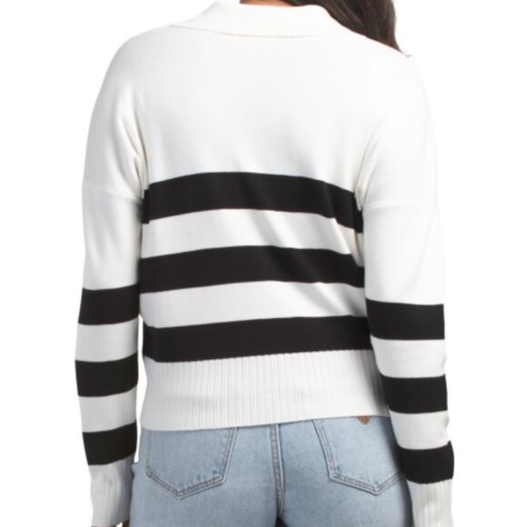 NWT CYRUS Striped White Blue Polo Pull Over Knit Sweater with Ribbed Cuffs & Hem - Picture 2 of 9